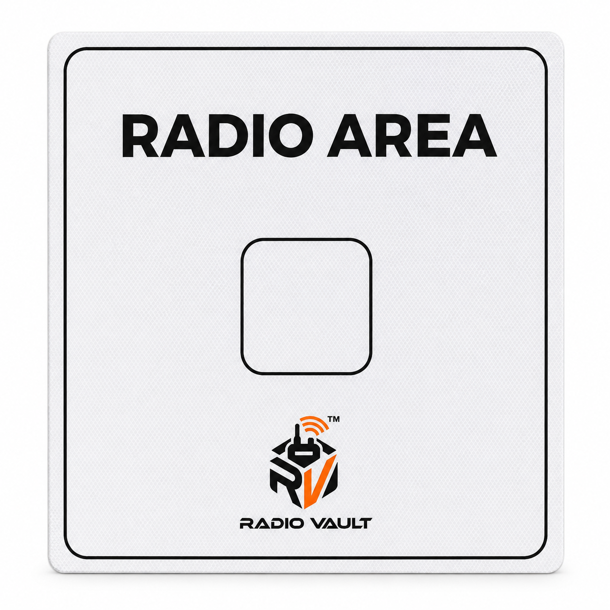 Radio Area mounting board front view with reflective white panel, black border and RADIO AREA header