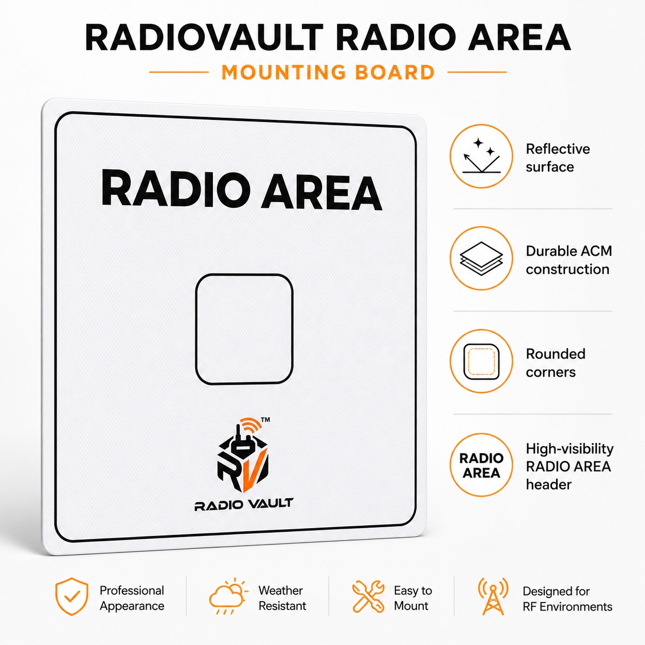 Feature overview of the Radio Area mounting board including reflective surface and ACM construction