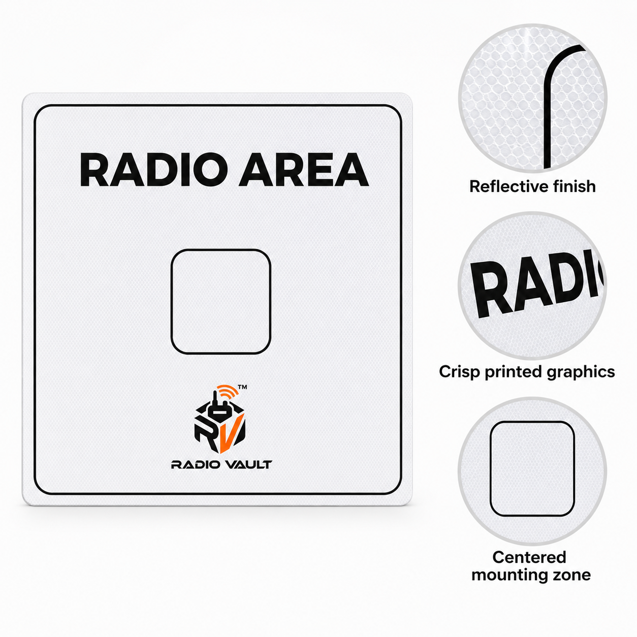 Close-up details of the Radio Area board reflective finish, printed graphics and centered mounting zone