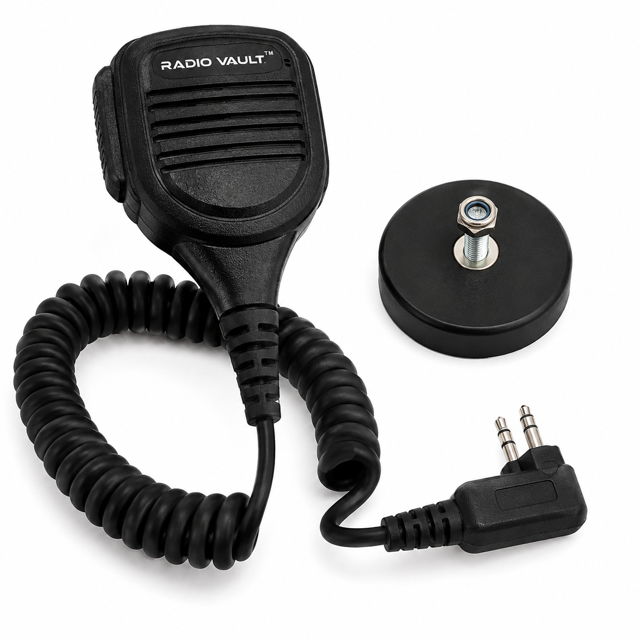 RadioVault remote speaker microphone with coiled cable, magnetic mount and radio connector